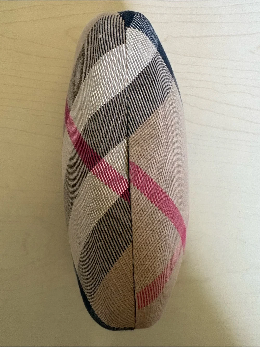 Burberry Tan Plaid Glasses Case with Pink and Black Stripes